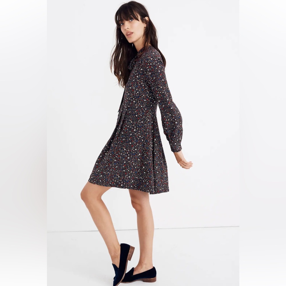 Madewell Balsam Tie-Neck 100% silk Dress in Starry Night size 6